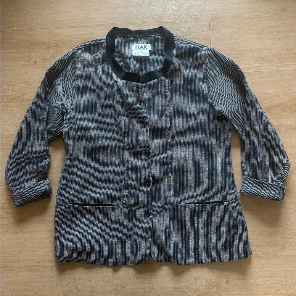 FLAX 100% Linen Button Down Blazer Shirt Top with Pockets Black White Pinstripe
